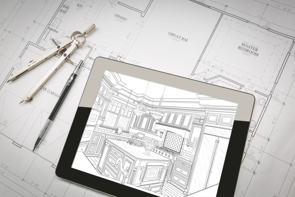Computer Tablet Showing Kitchen Illustration On House Plans, Pencil, Compass, Floor Plan