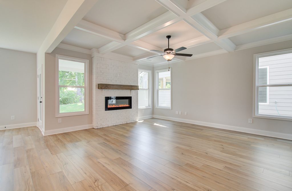 electric fireplace and painted brick