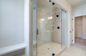 glass enclosed shower with double shower heads